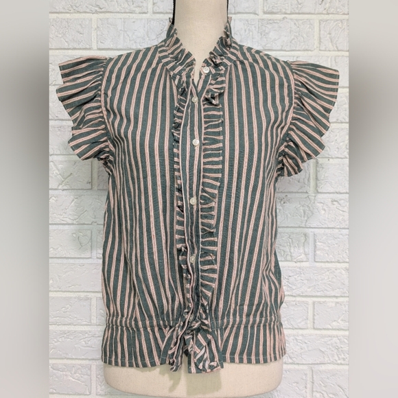 Trovata Tops - Birds Of Paradis By Trovata Paige Striped Ruffle Trim Top Small Blouse Flutter